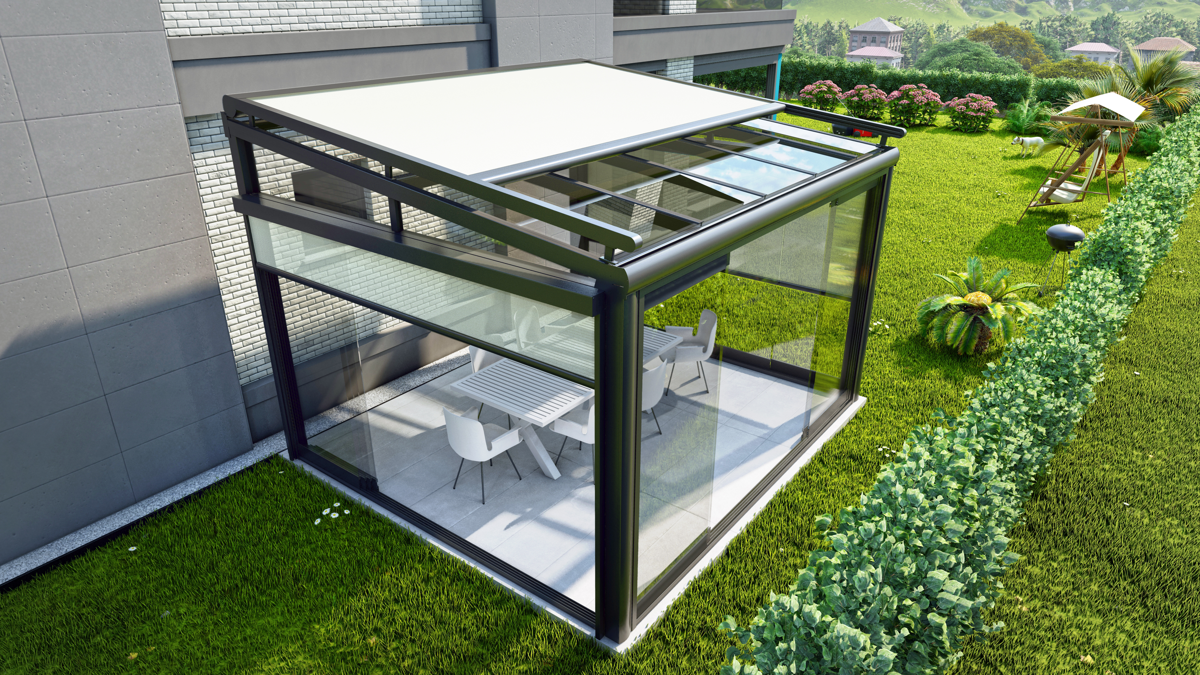 Tavan ZIP perde — yatay pergola altı